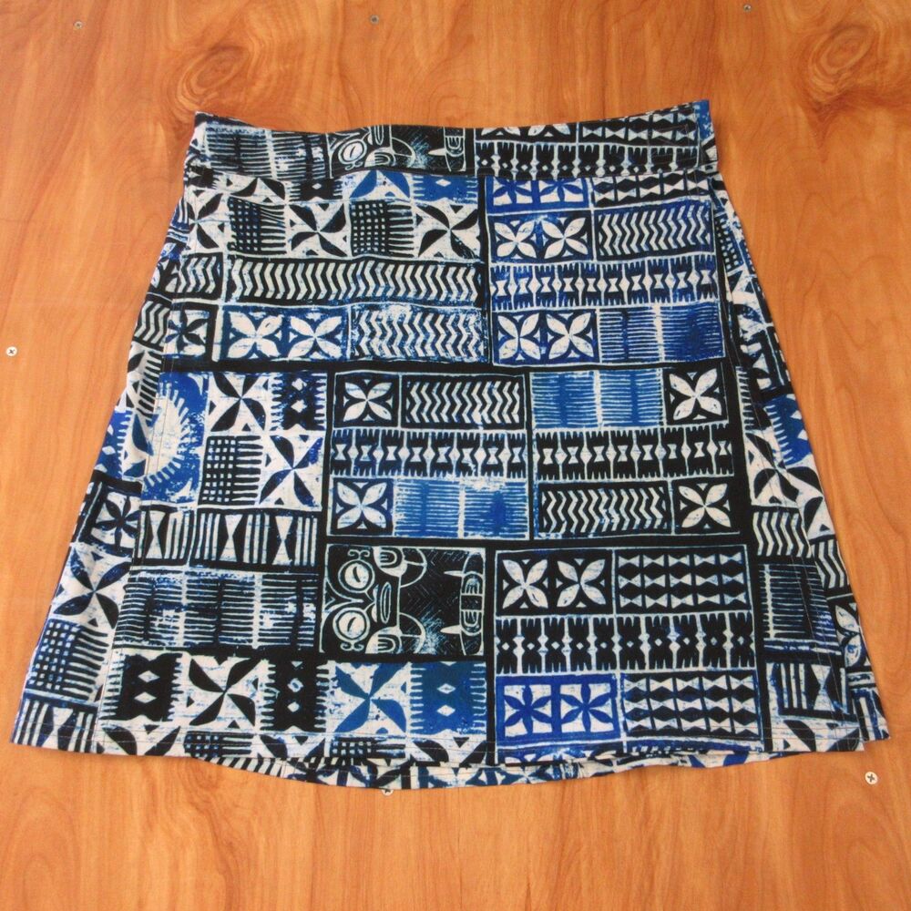 RIPSKIRT Hawaii Wrap Skirt Sz M Blue White Pacific Tapa Geometric Print NWT